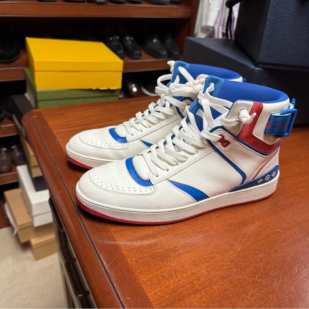 Louis Vuitton White and Blue High-Top Sneakers